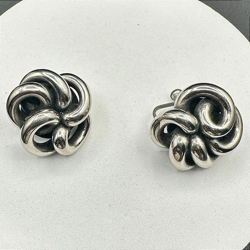 Vintage Silver Tone Knot Earrings Chunky Modernist 70s‎ Screwback Statement